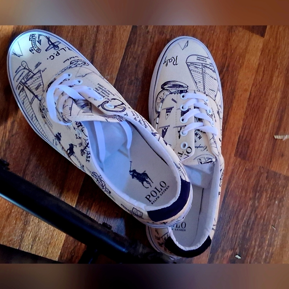 POLO RALPH LAUREN KEATON ON THE TACK PRINTED CANVAS SNEAKERS. NEW 9.5
